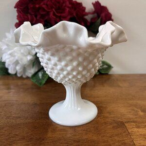 Fenton Hobnail White Milk Glass Pedestal Ruffled Bowl Vintage Candy Dish Centrep